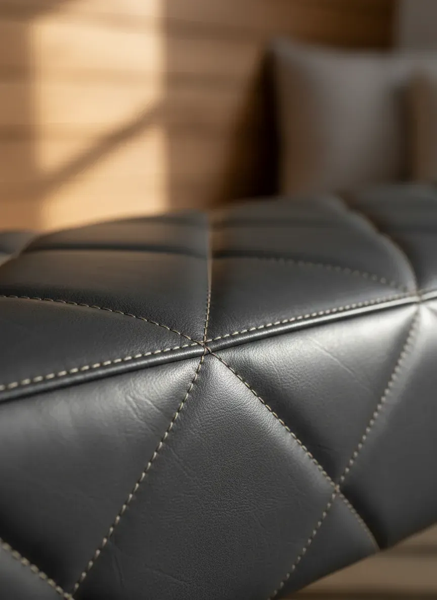 Close up of the high-quality stitching and vinyl texture on a premium bench