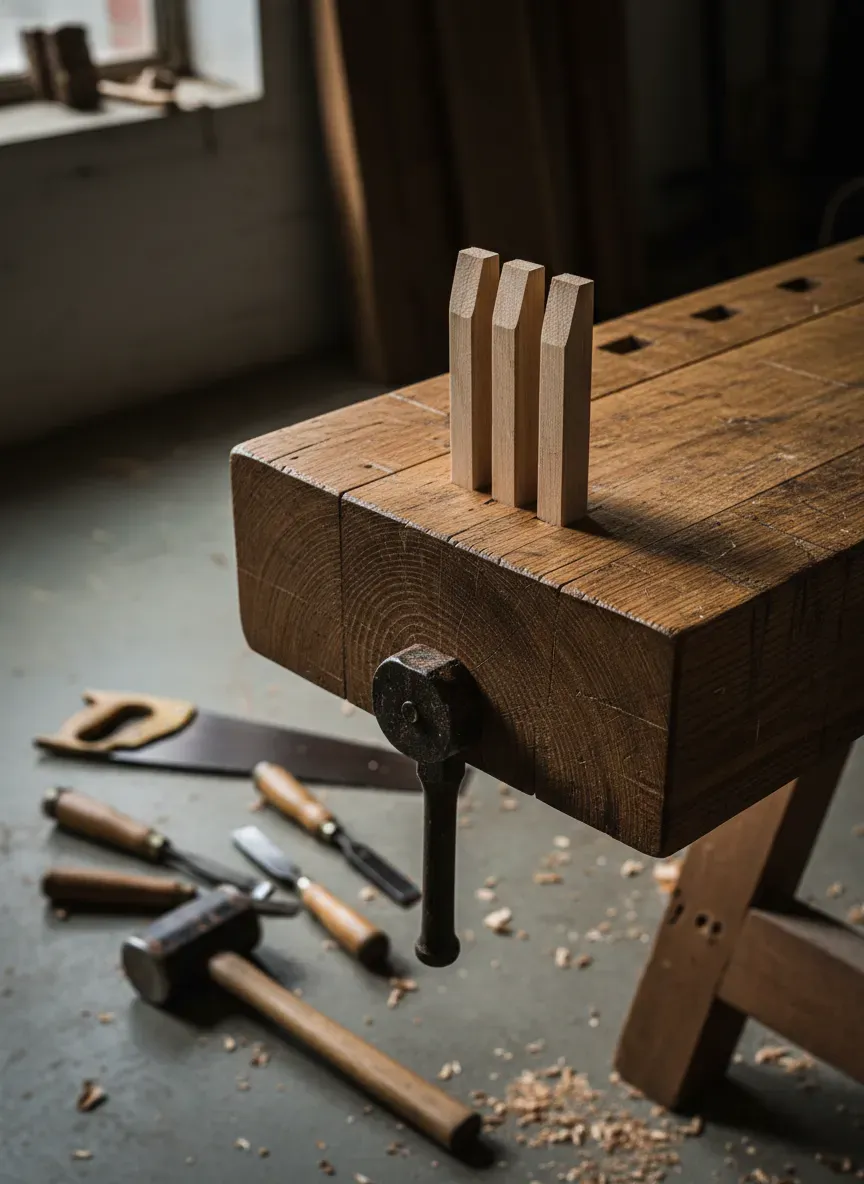 A close-up view of a massive through-tenon being wedged into a thick hardwood workbench top