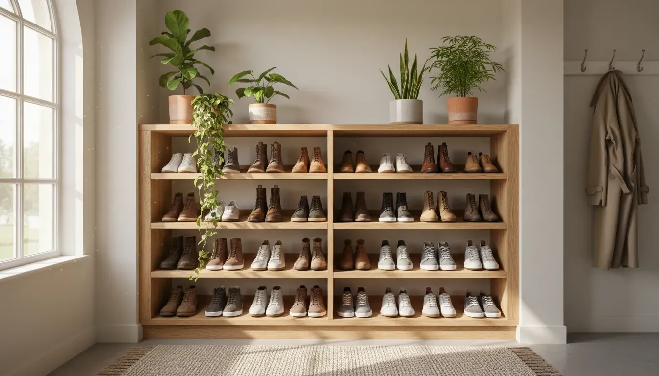 A perfectly organized open wooden shoe rack in a sunlit entryway filled with potted plants