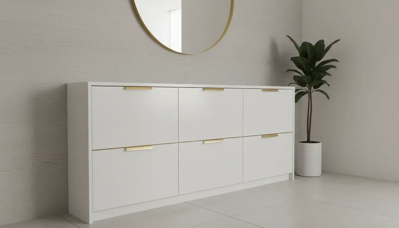 A sleek white closed shoe cabinet with gold hardware in a minimalist hallway