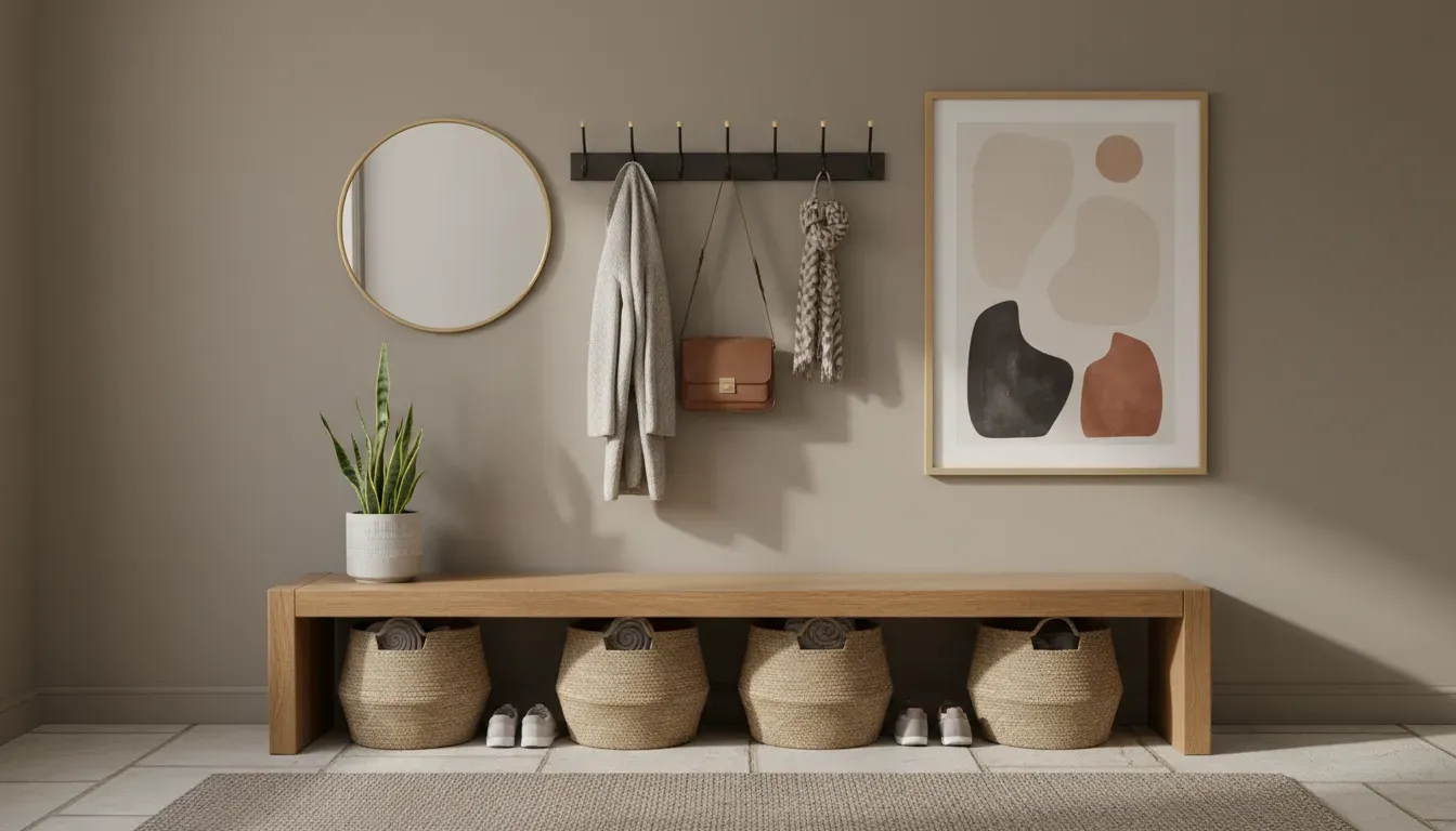 A hybrid entryway setup featuring a wooden bench with baskets underneath and a wall-mounted coat rack above