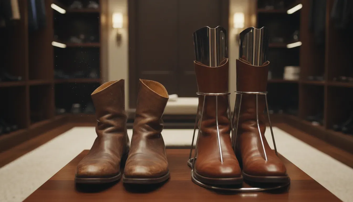 A comparison of damaged slumped leather boots versus boots stored upright on a specialized rack