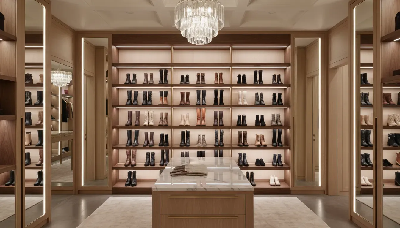 A luxury walk-in closet featuring LED-lit shelves showcasing a collection of designer boots