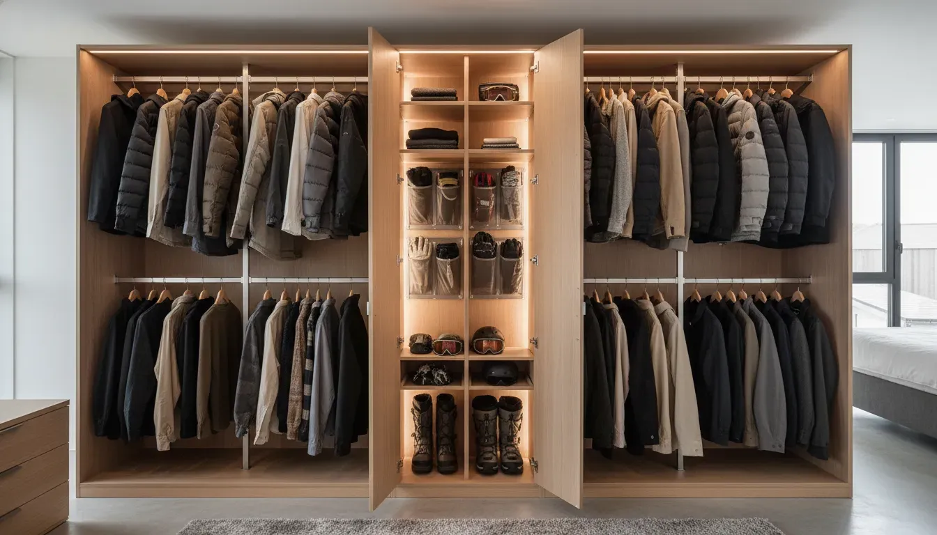 A detailed view of a custom closet interior featuring double hanging rods and door-mounted storage specifically for winter gear.