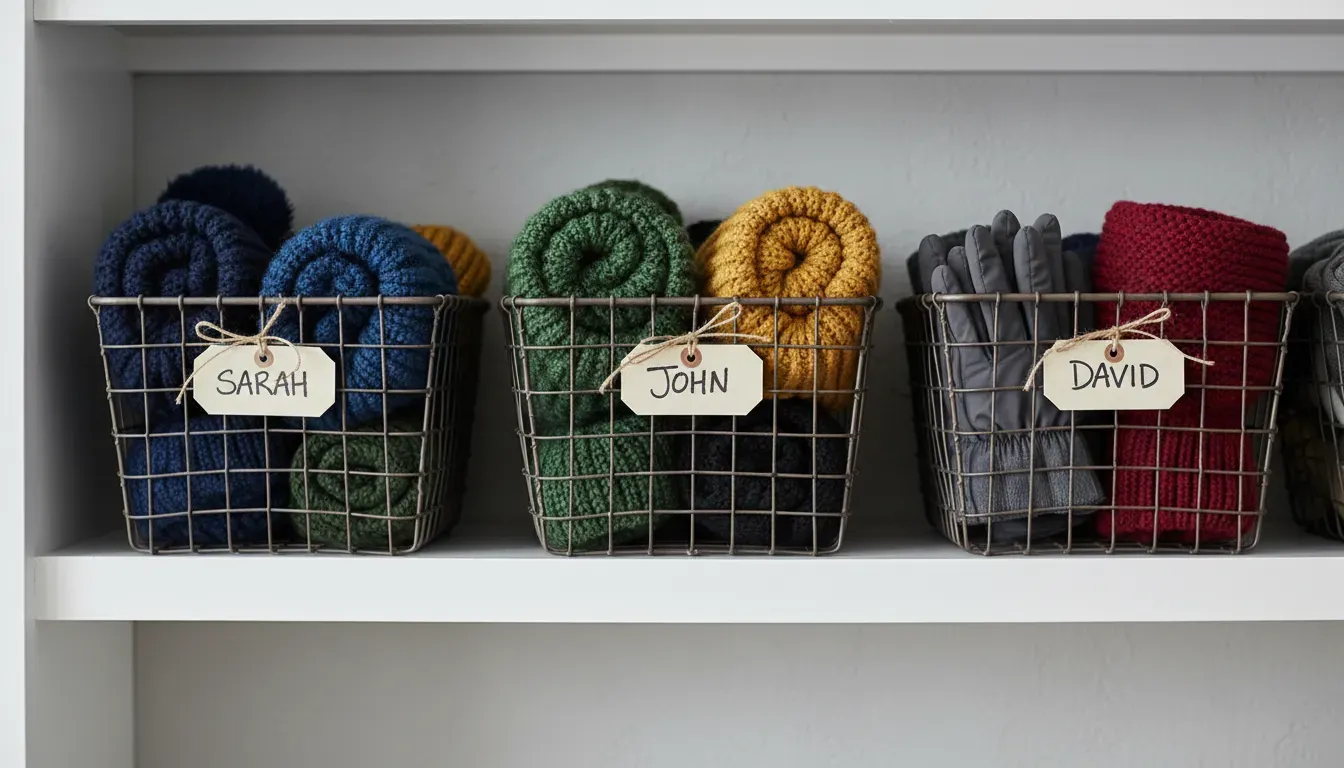 A close-up of wire baskets on a high shelf labeled with names, containing winter hats and gloves, demonstrating airflow-friendly storage.