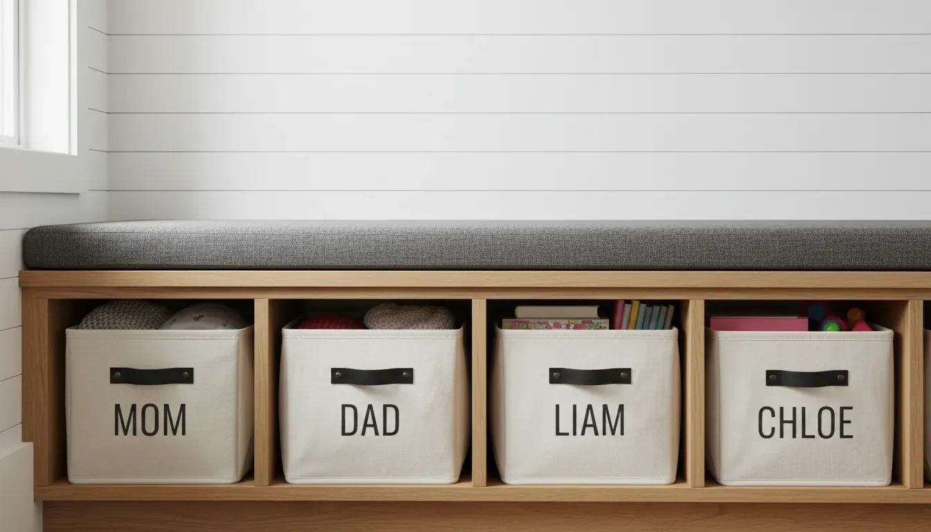 Close up of labeled storage bins inside a bench for different family members