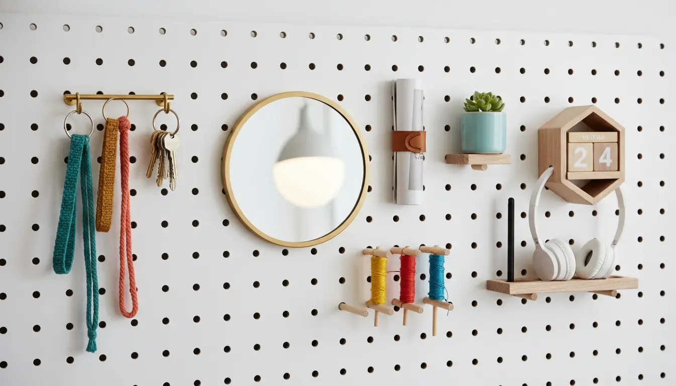 Close up of a styled pegboard with colorful accessories, keys, and a small mirror