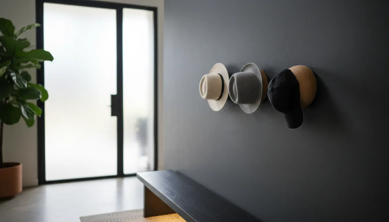 Minimalist wooden dome hat racks mounted on a dark entryway wall