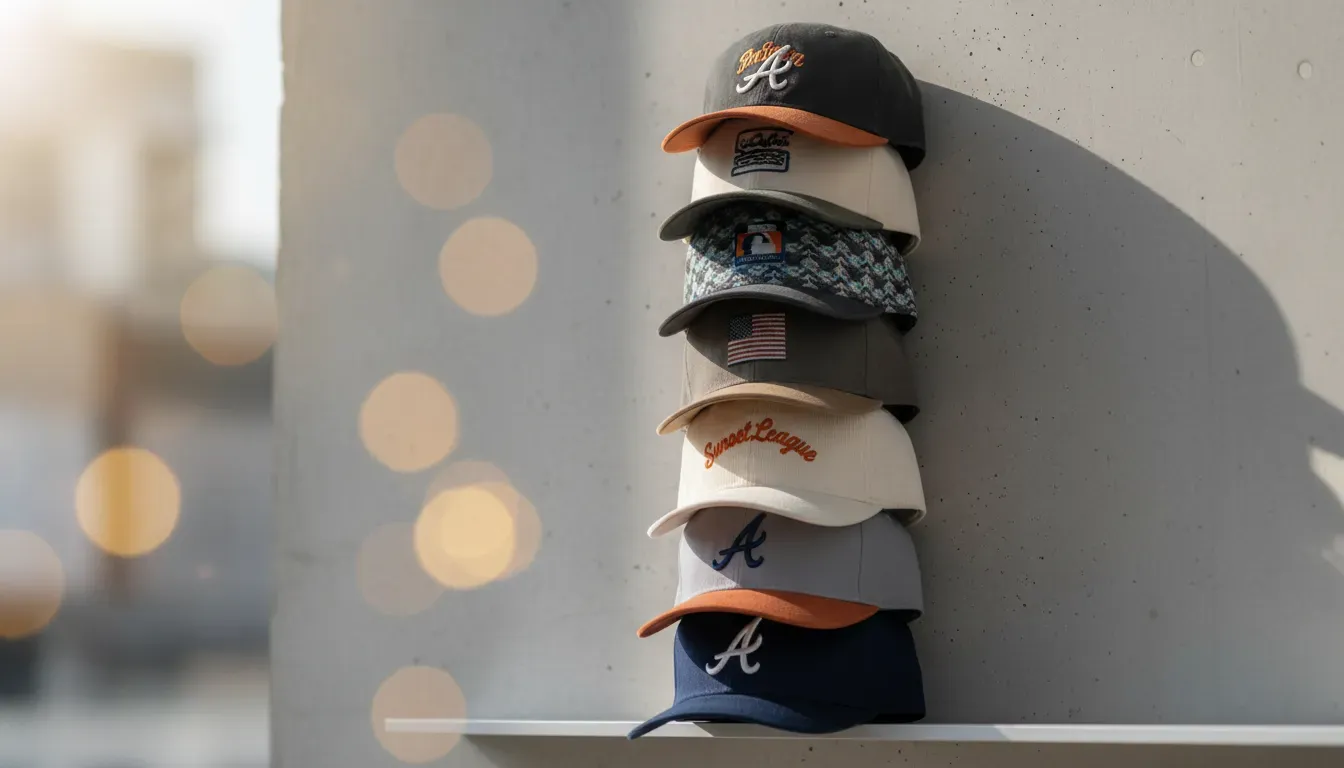 A vertical stack of baseball caps on a narrow wall strip