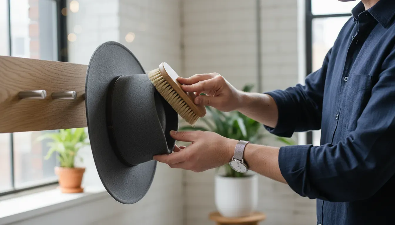A person using a horsehair brush on a felt hat hanging on a wall rack