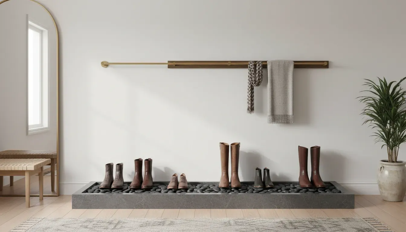 Elegant entryway with stone boot tray and drying rack