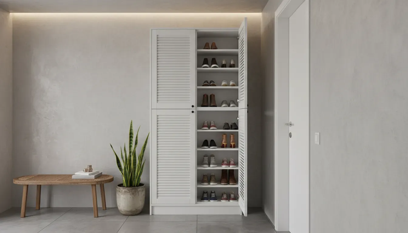 Compact vertical shoe storage in a modern apartment entryway