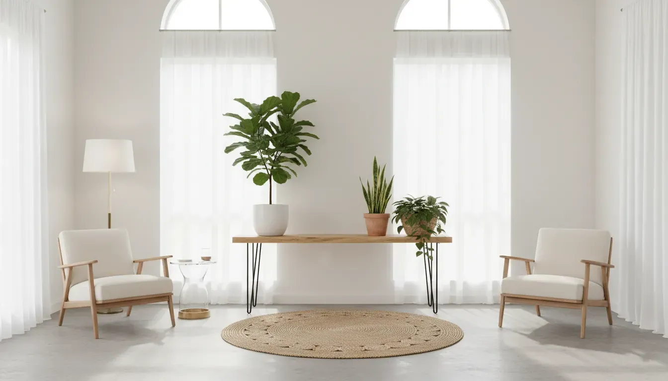 Bright and airy entryway with plants and elevated furniture