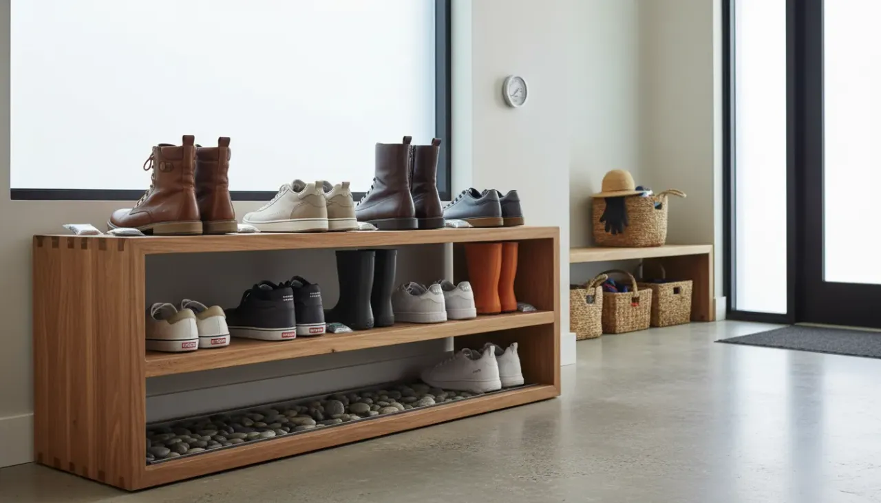 A pristine, well-organized entryway with a wooden shoe rack and moisture-absorbing plants.
