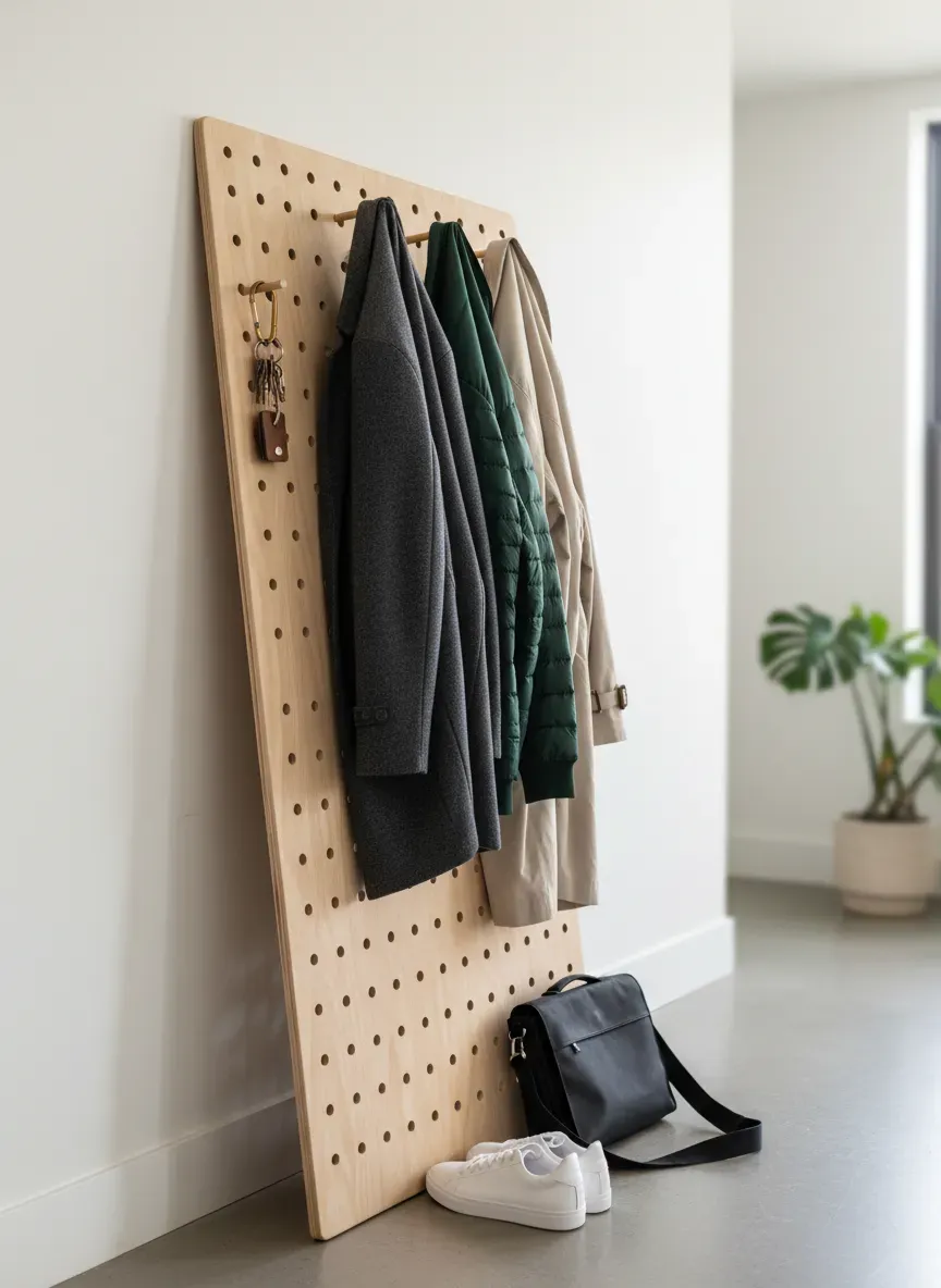Freestanding wooden pegboard leaning against a white apartment wall with coats and keys attached
