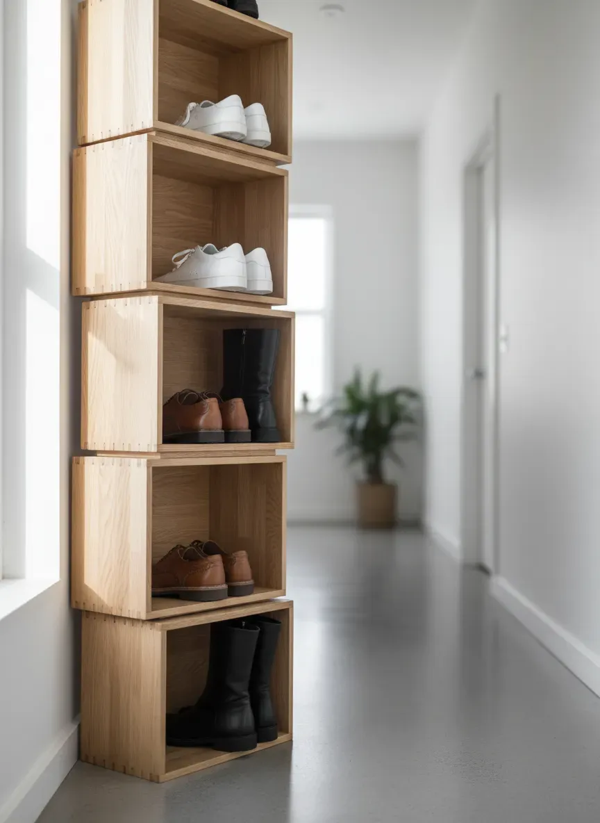 Modular wooden crates stacked vertically functioning as a temporary shoe rack in a narrow hallway