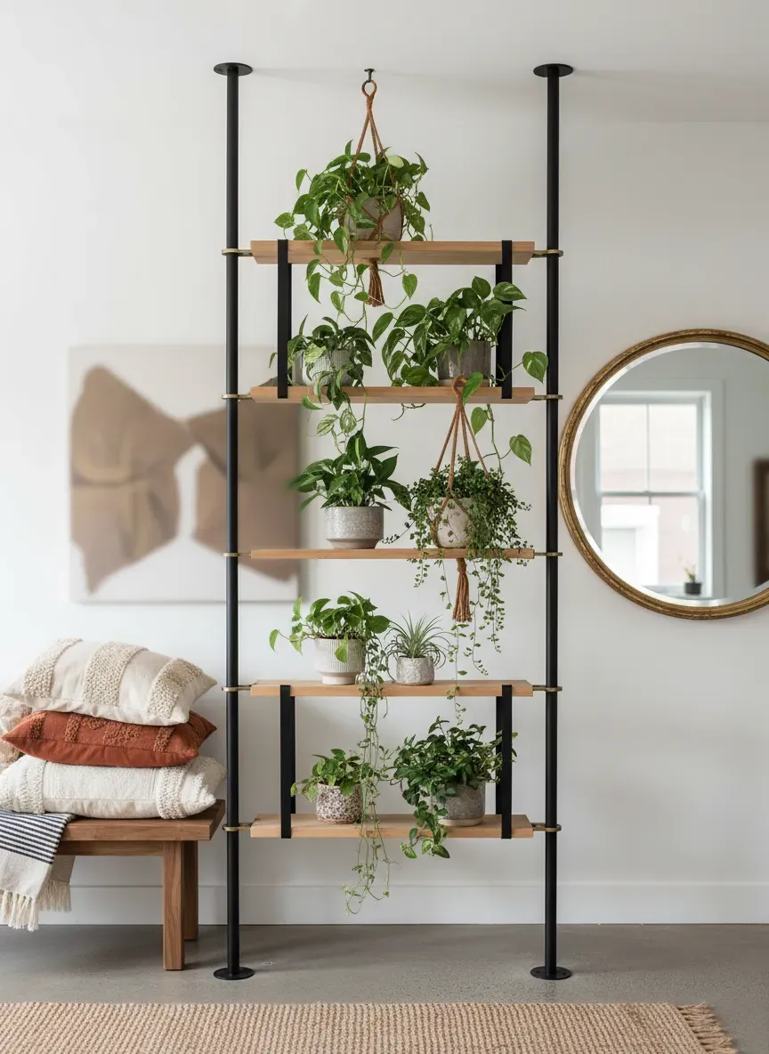 Floor-to-ceiling tension poles holding floating shelves and hanging plants in a bohemian rental entryway