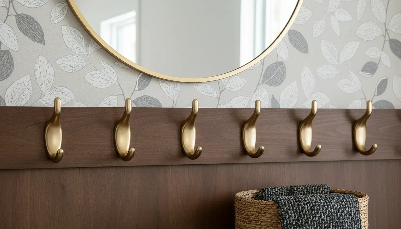 Close up of a hall tree with custom gold hooks and peel-and-stick wallpaper backing