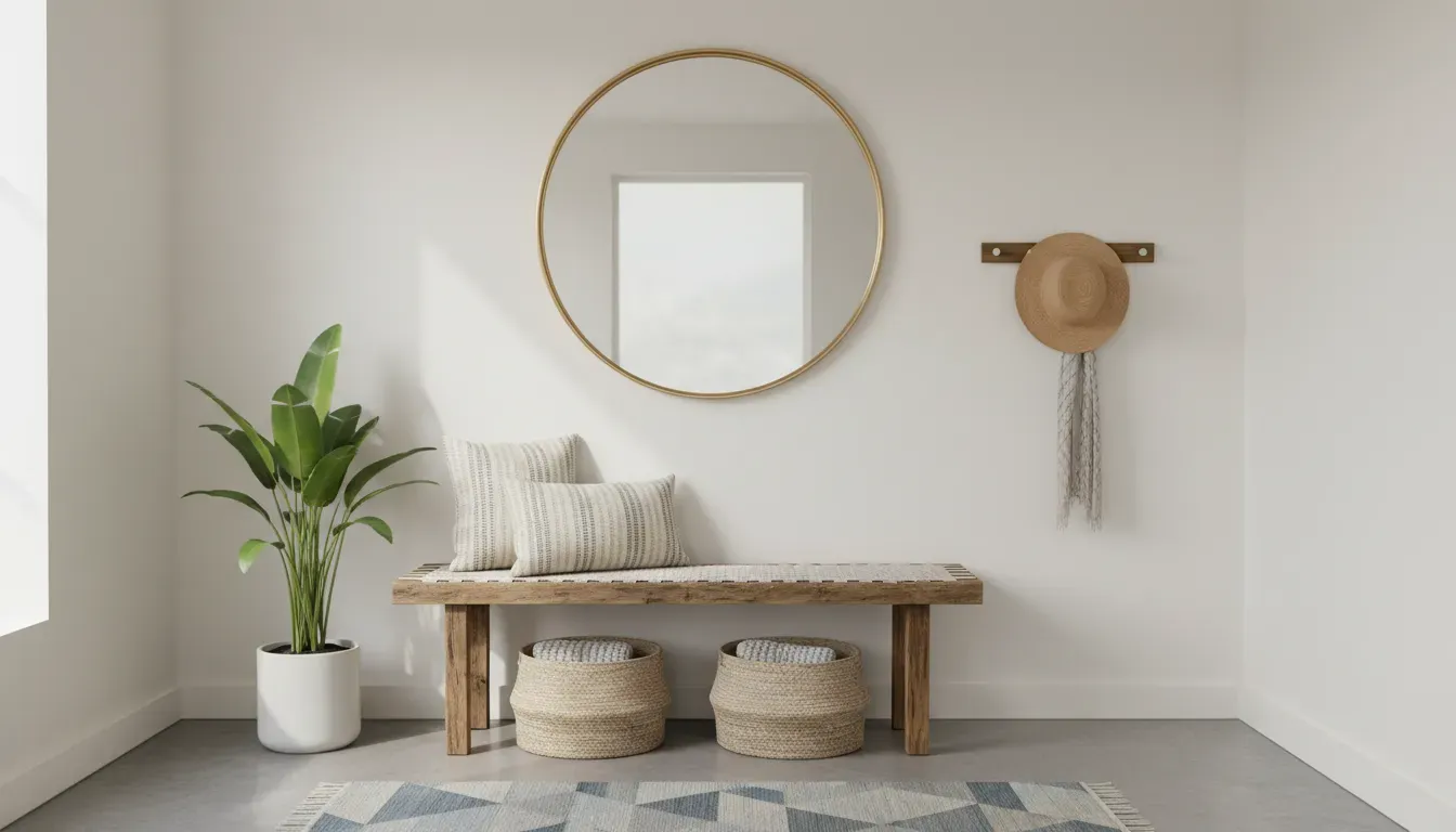 A small entryway featuring a large round mirror above a wooden bench, reflecting light to expand the space