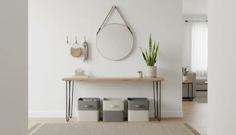 A organized small apartment entryway featuring a slim shoe cabinet, wall hooks, and a round mirror with non-damaging adhesive mounts.