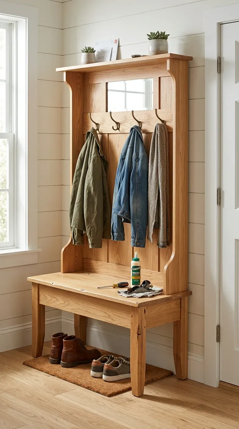 Real entryway setup with a natural oak finish hall tree ready for repair work