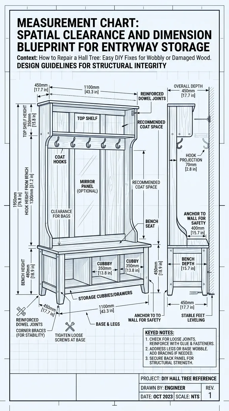 Spatial clearance and dimension blueprint chart showing safe entryway clearances for repair planning