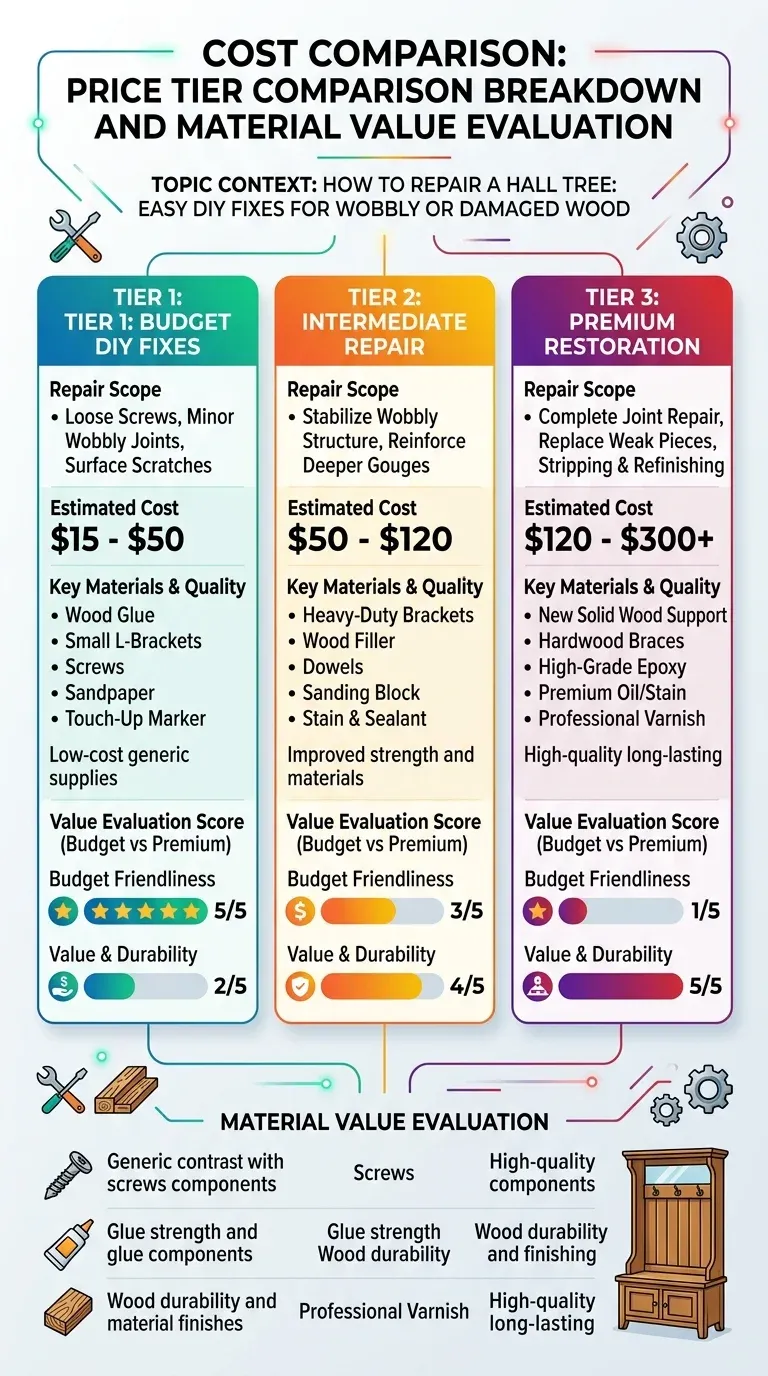 Cost comparison of price tiers for hall tree replacement versus repair over ten years