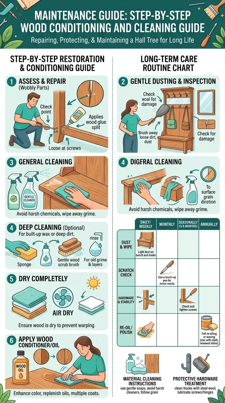 Step-by-step wood conditioning guide for the repaired hall tree