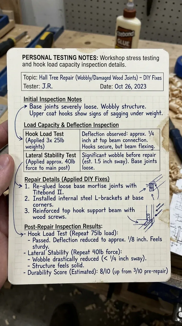Hall tree build quality and hook capacity reference sheet for repair work