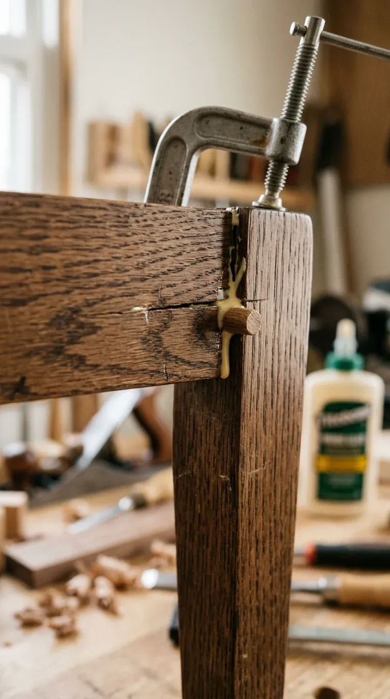 Close-up of wood glue repair being applied to a split dowel joint