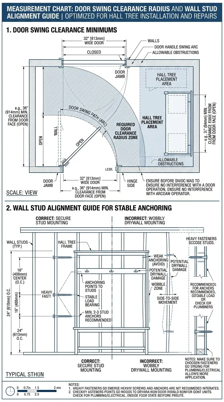 Measurement chart showing door swing radius and wall stud alignment for anchored repairs