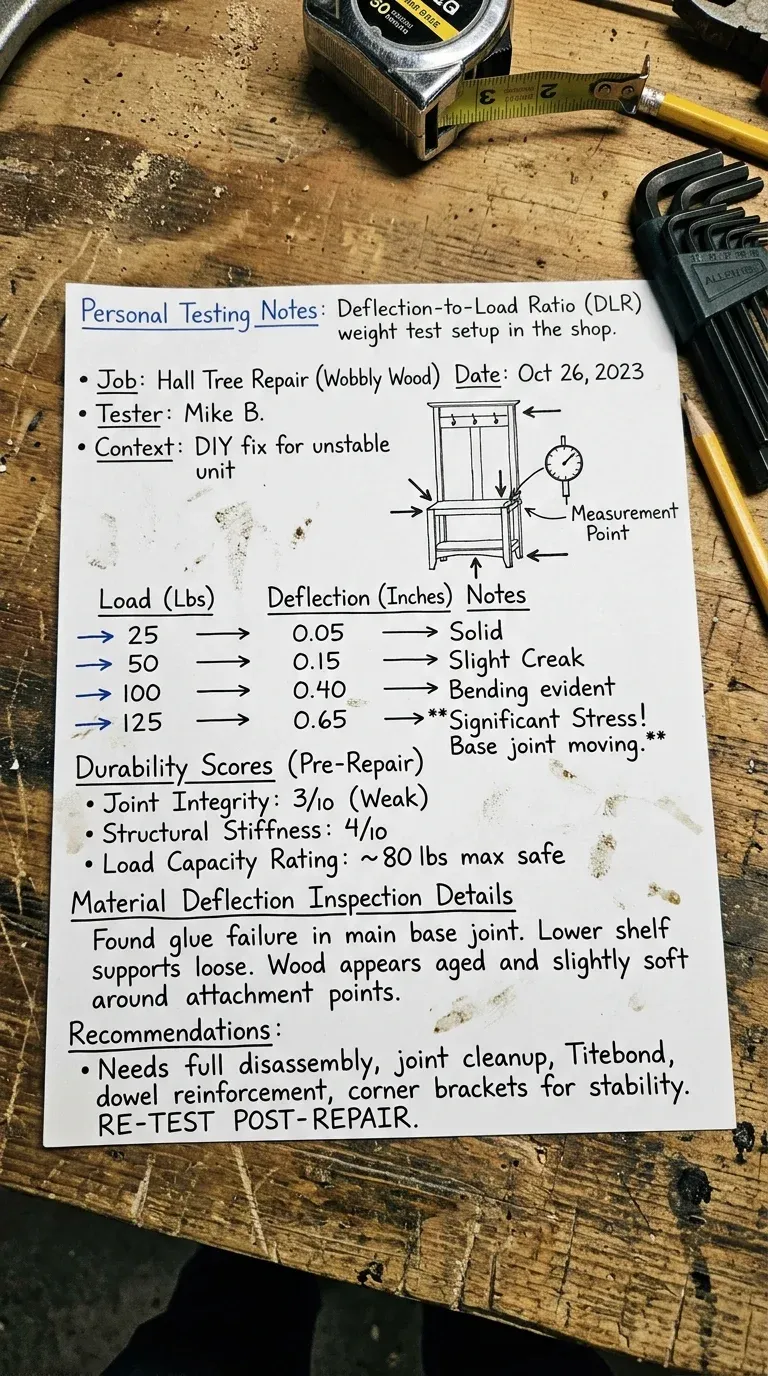 Measuring bench deflection while testing a repaired hall tree seat