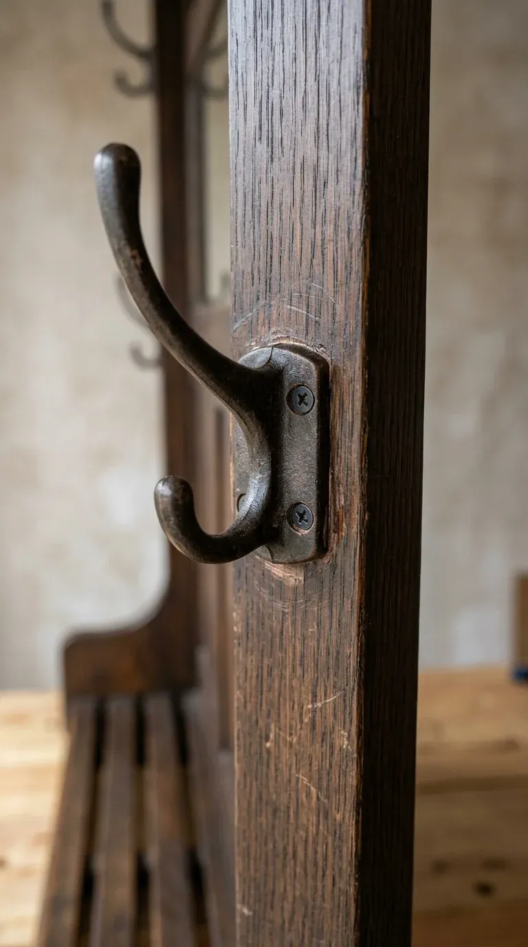 Close-up of a heavy-duty double coat hook bracket repair on a hall tree back panel