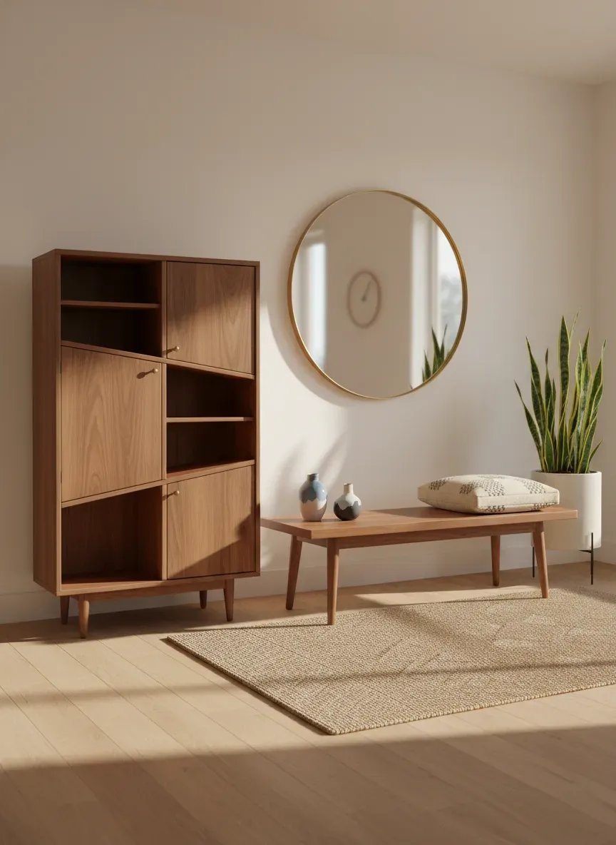 A wide shot of a balanced mid-century entryway, showing a low-profile walnut bench with an asymmetrical tall cabinet on one side, perfectly scaled to not overwhelm the room.