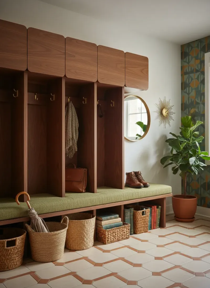 Professional SEO visualization for Retro-Chic Mid-Century Mudrooms: Walnut Cubbies and Vintage Entryway Style