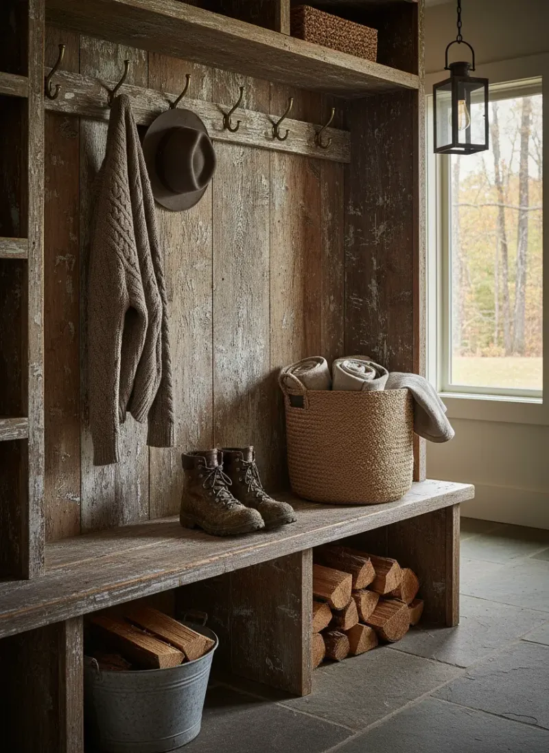 Professional SEO visualization for Rustic Charm: Weathered and Distressed Wood Mudroom Ideas You’ll Love