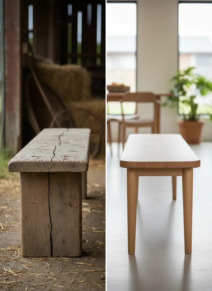 A split view comparing a 2015 rustic chunky bench with a sleek 2026 refined oak farmhouse bench