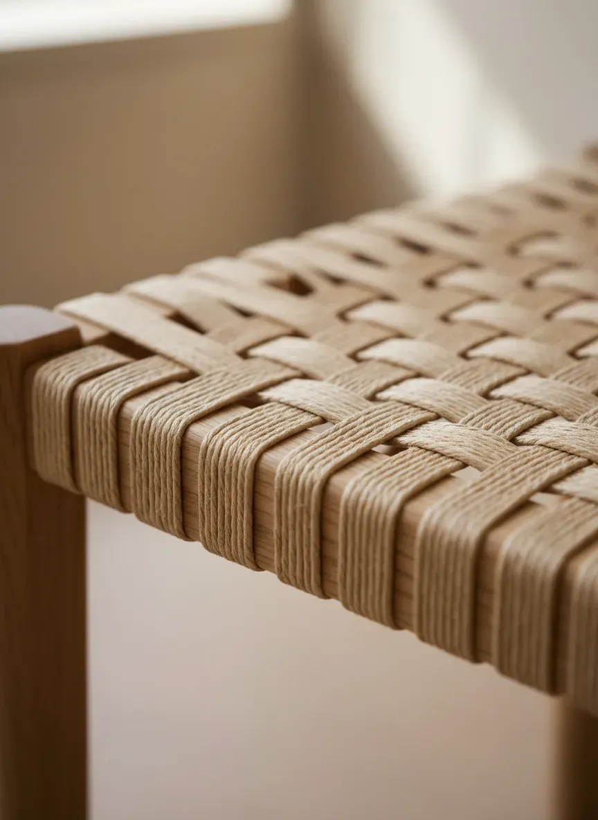 Close up detail of danish cord weaving on a wooden bench frame