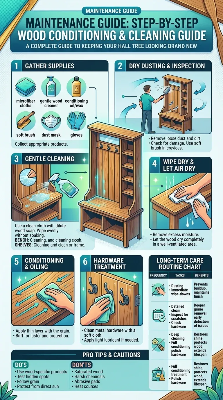 Maintenance guide illustration showing the step-by-step wood conditioning and cleaning process for a hall tree