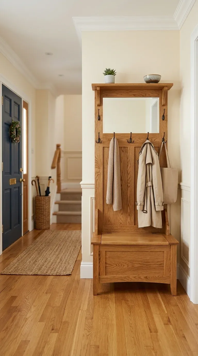 Clean, well-maintained entryway with a wooden hall tree, bench cushions, and tidy shoe cubbies
