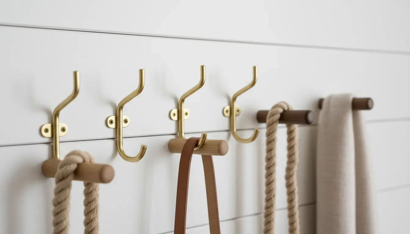 A close up detail shot of various high quality wall hooks including brass J-hooks and wooden pegs mounted on a shiplap wall
