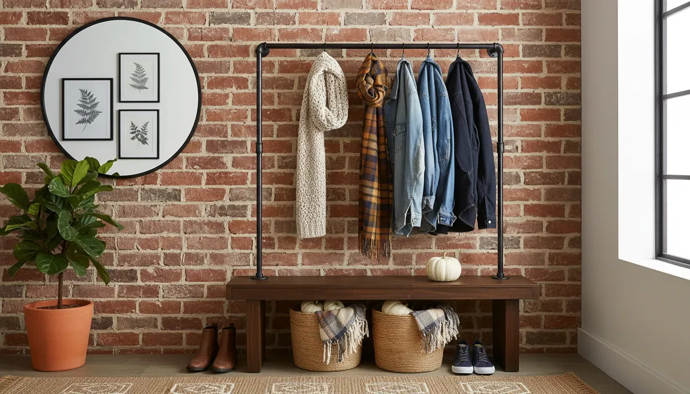 A perfectly organized autumn entryway featuring scarves and denim jackets hanging on a matte black industrial pipe rack