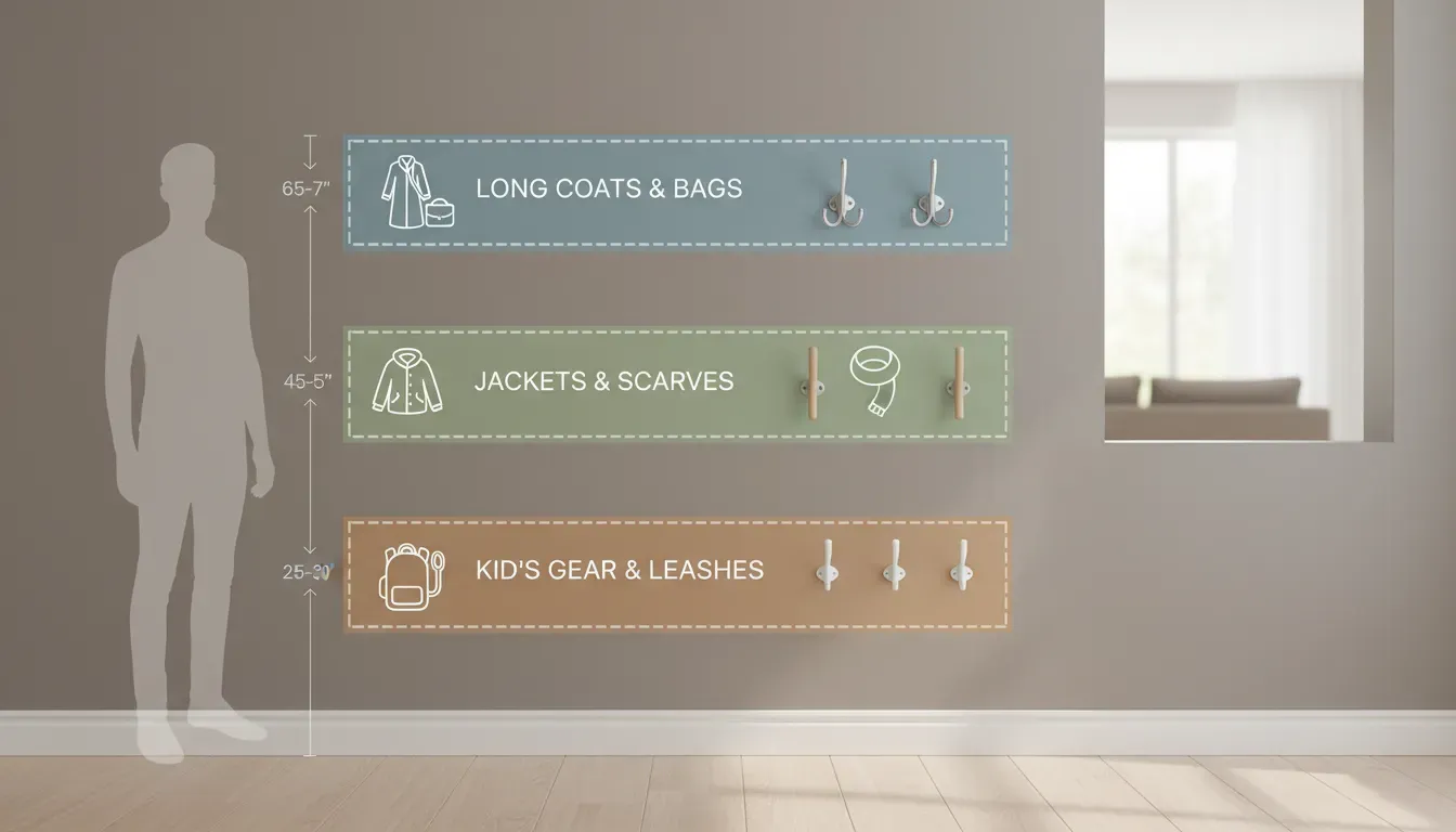 Diagrammatic view of an entryway wall showing three distinct zones of hook placement for optimal ergonomic efficiency