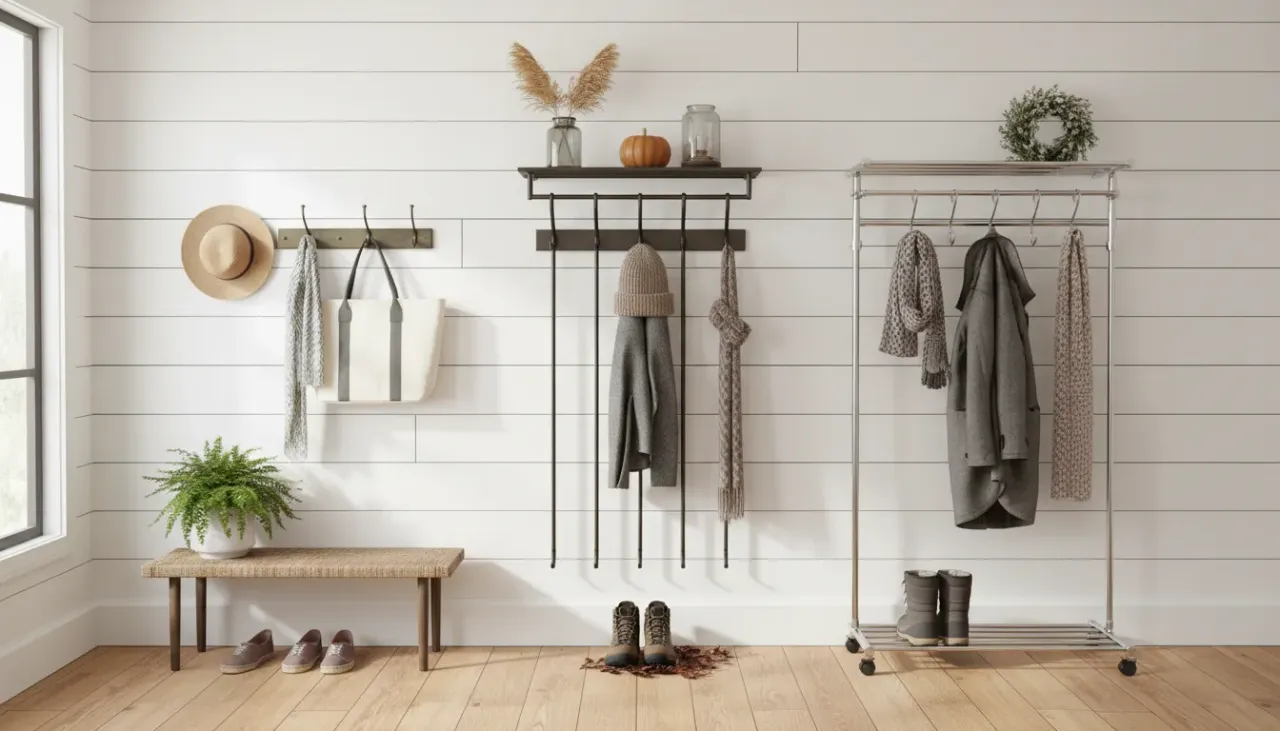 A pristine entryway featuring a minimalist wooden coat rack adorned with seasonal outerwear and a textured runner rug