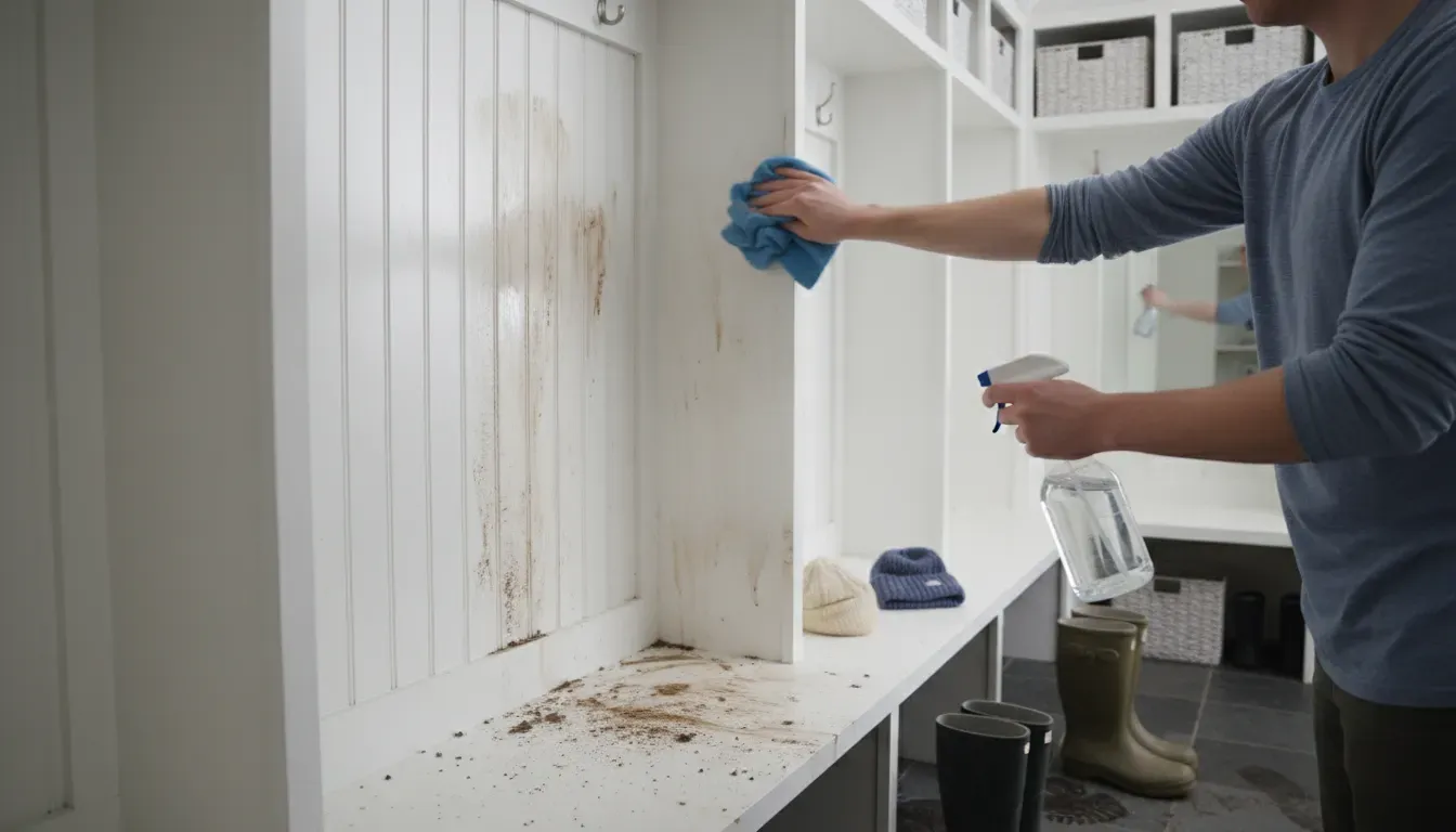 A person cleaning the inside of a white mudroom locker with a microfiber cloth and spray bottle, removing winter grime