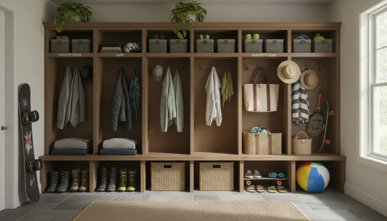 A organized mudroom with white wooden lockers featuring a split view of winter coats on the left and summer beach bags on the right