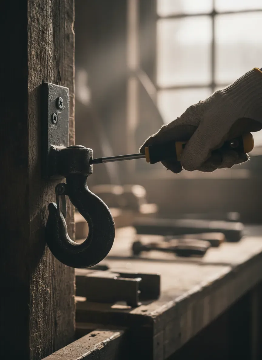 Close up of a hand tightening a screw on a heavy duty hook using a manual screwdriver