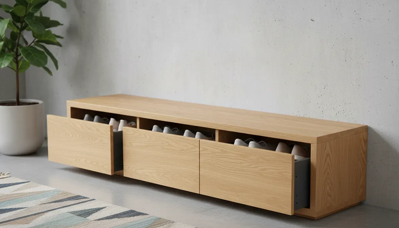 A detailed shot of a wooden bench with flip-down drawers specifically designed for shoe storage