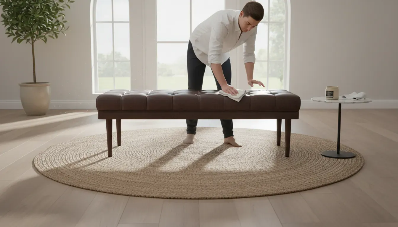 A person cleaning a leather entryway bench with a cloth, highlighting maintenance