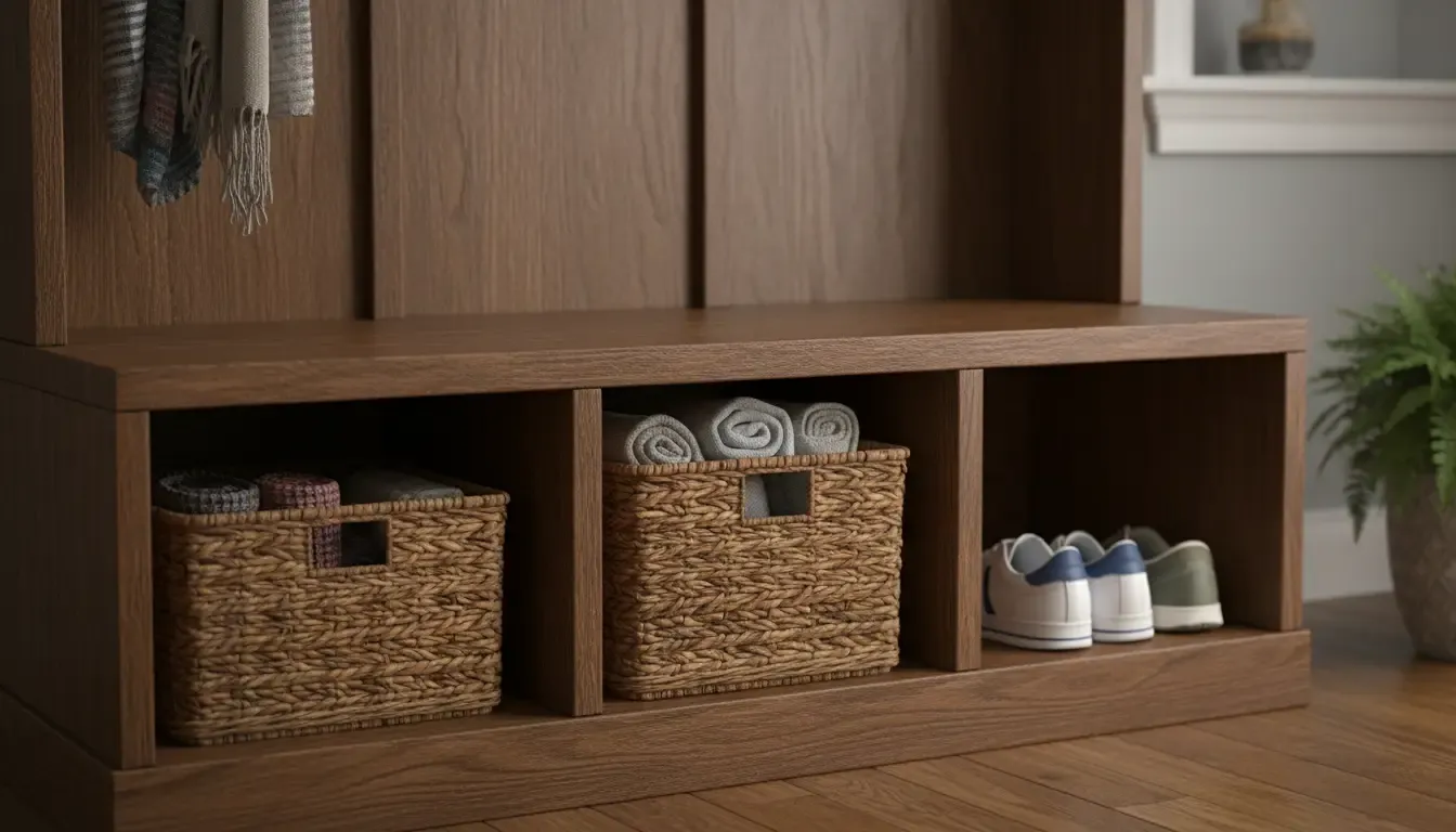 Close up of a wooden hall tree base featuring square shoe cubbies, some containing wicker baskets and others holding sneakers